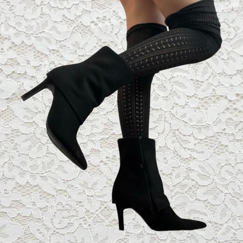 vintage black suede heeled ankle boots with fold over leg warmer look‎